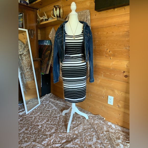 Y2K American Apparel Black White Striped Midi Dress Rachel Friends Gilmore Girls - Picture 4 of 12